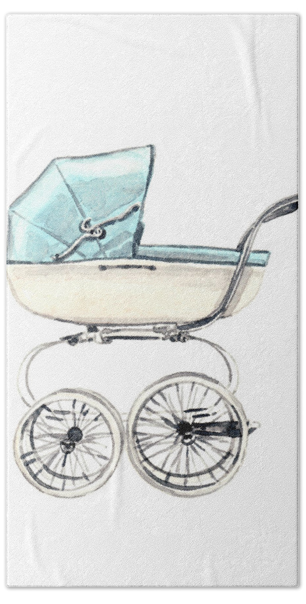 Baby Carriage Hand Towel featuring the painting Baby Carriage in Blue - Vintage Pram English by Laura Row