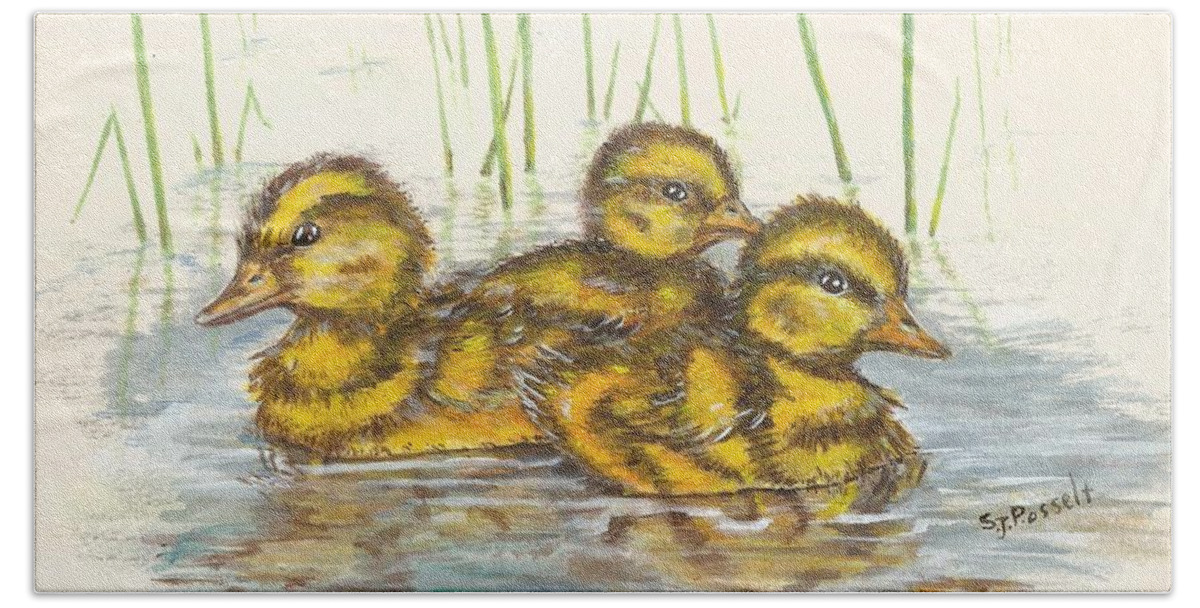 Baby Ducks Hand Towel featuring the painting Baby Ducks for Ma by Sheri Jo Posselt