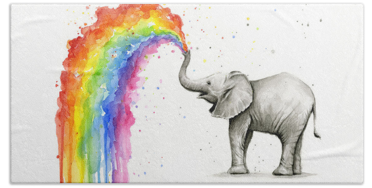 Baby Bath Sheet featuring the painting Baby Elephant Spraying Rainbow by Olga Shvartsur