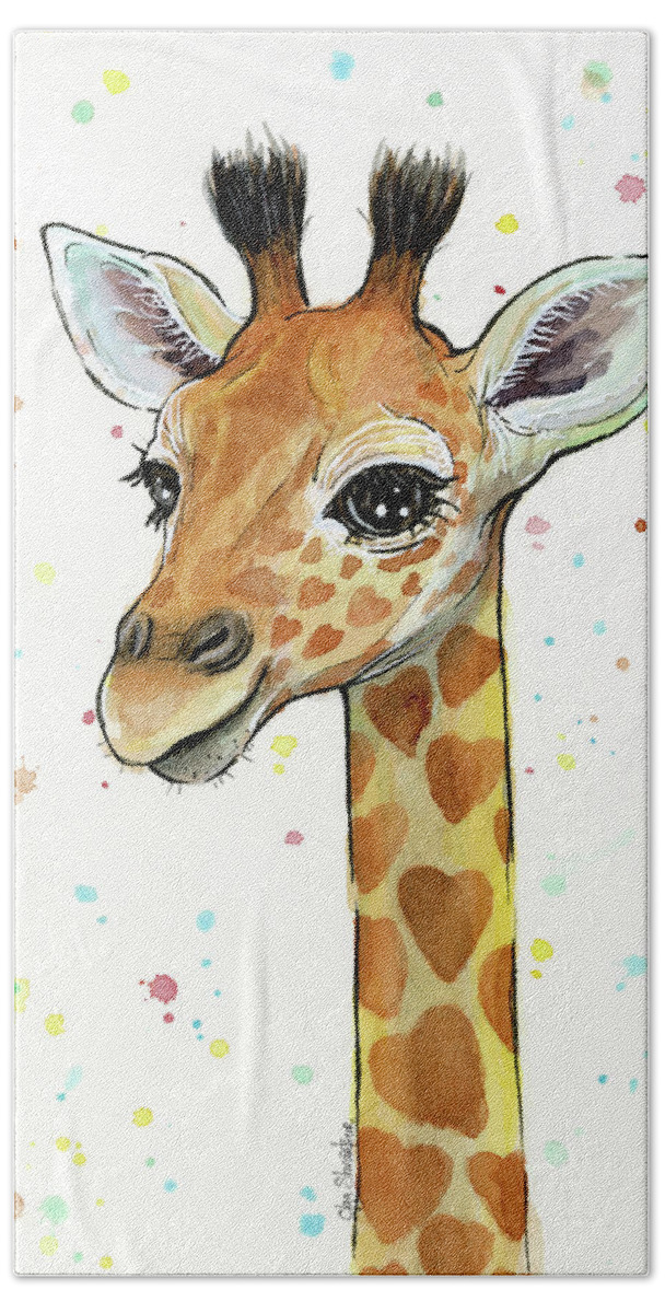 Watercolor Giraffe Bath Sheet featuring the painting Baby Giraffe Watercolor with Heart Shaped Spots by Olga Shvartsur
