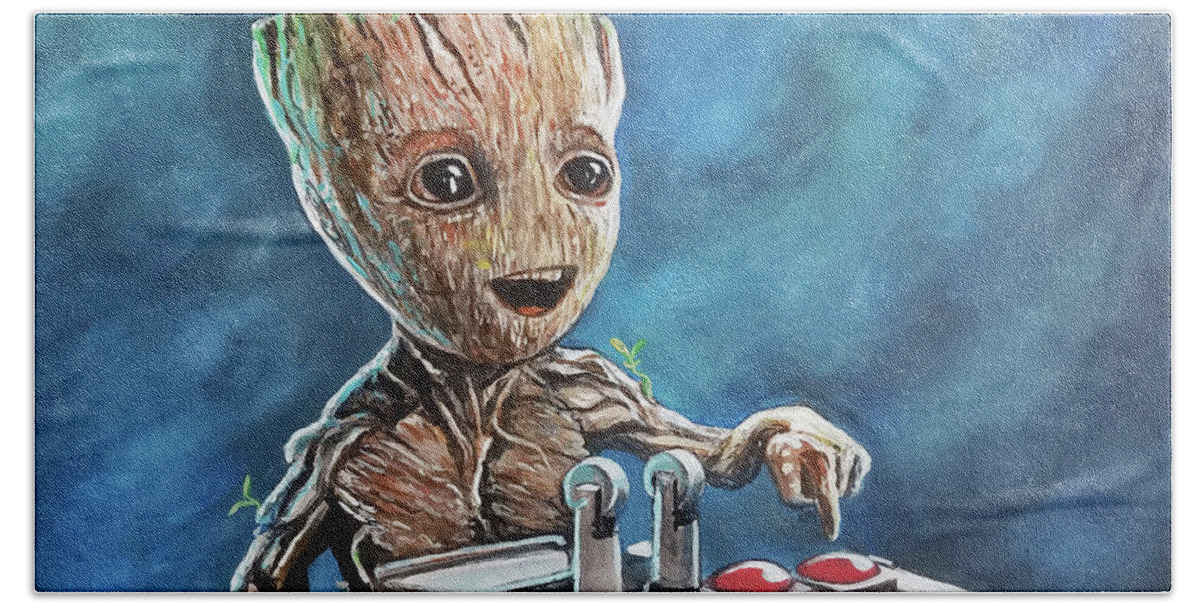 Guardians Of The Galaxy Hand Towel featuring the painting Baby Groot by Tom Carlton