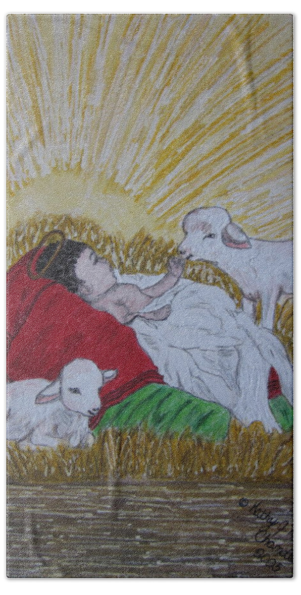 Saviour Bath Towel featuring the painting Baby Jesus at Birth by Kathy Marrs Chandler