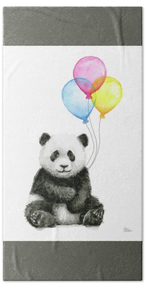 Baby Panda Hand Towel featuring the painting Baby Panda Watercolor with Balloons by Olga Shvartsur