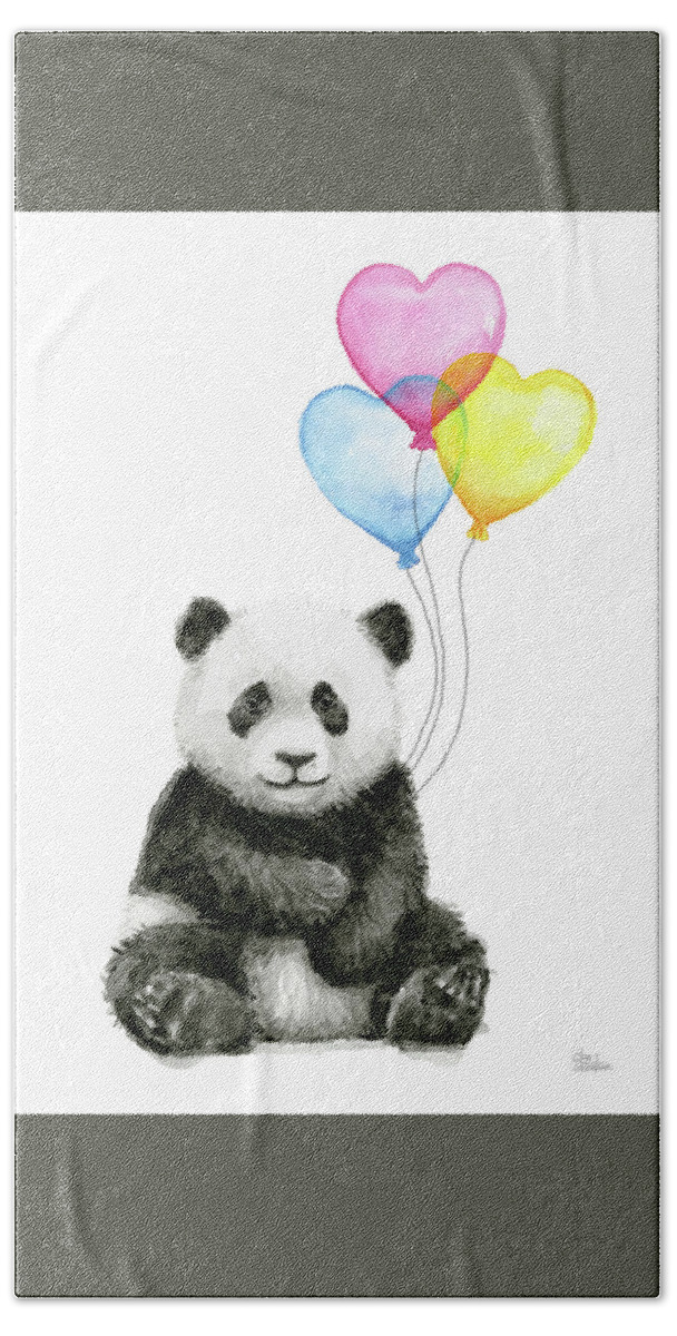 Baby Panda Bath Towel featuring the painting Baby Panda with Heart-Shaped Balloons by Olga Shvartsur