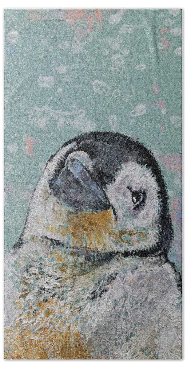 Baby Hand Towel featuring the painting Baby Penguin Snowflakes by Michael Creese