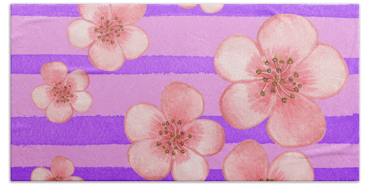 Baby Pink Bath Towel featuring the painting Baby Pink Flowers On Purple by Irina Sztukowski