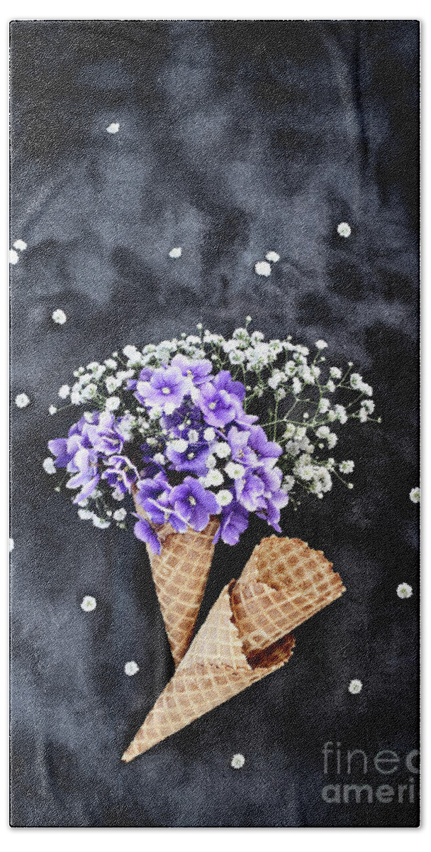 Still Life Bath Towel featuring the photograph Baby's Breath and Violets Ice Cream Cones by Stephanie Frey