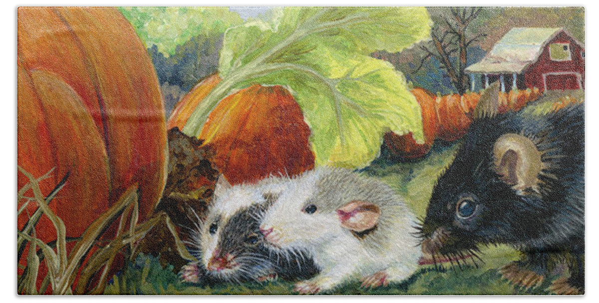 Mice Hand Towel featuring the painting Baby's First Autumn by Jacquelin L Westerman