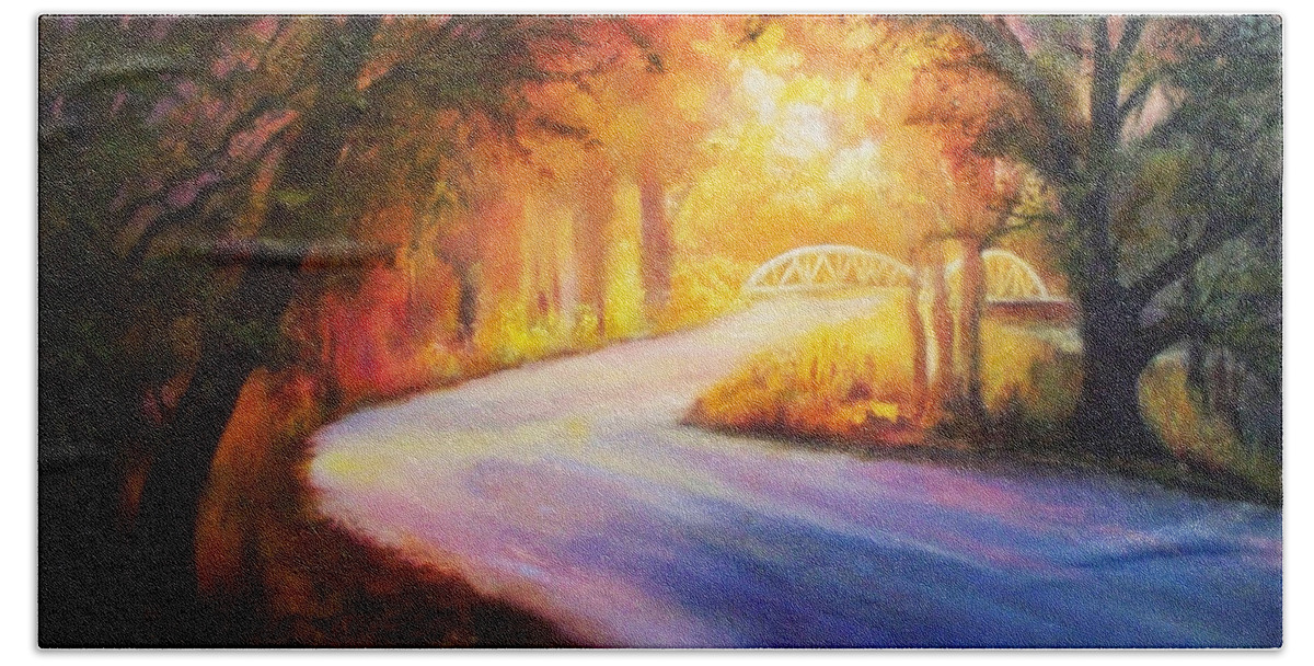 Back Road Scene Painting Hand Towel featuring the painting Back Road To Paradise by Karen Kennedy Chatham