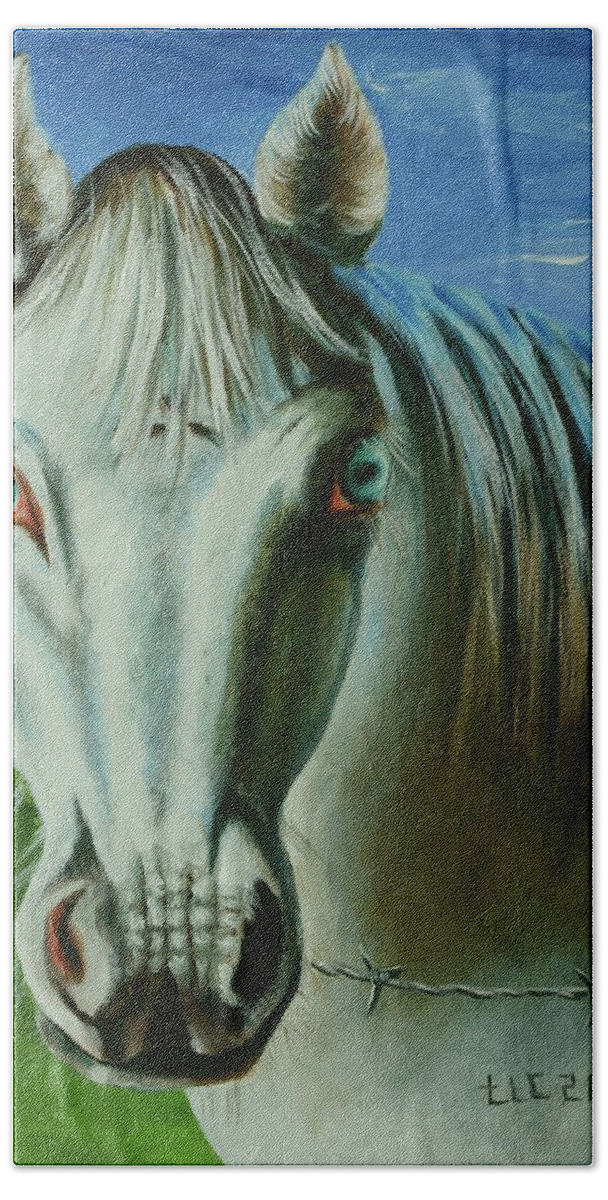 Horse Bath Towel featuring the painting Backdoor Buddy by Theresa Cangelosi