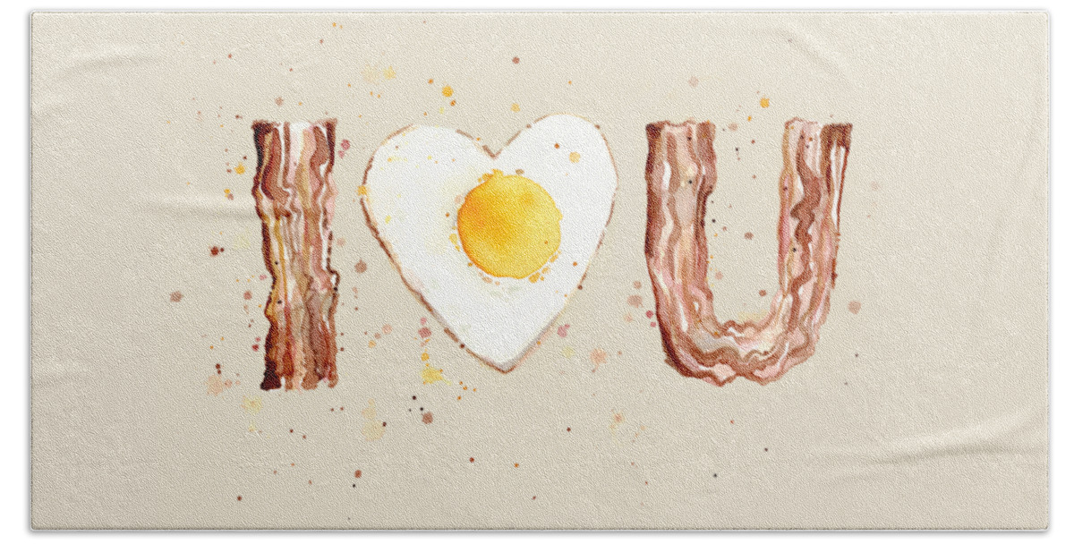Breakfast Hand Towel featuring the painting Bacon and Egg I Heart You Watercolor by Olga Shvartsur