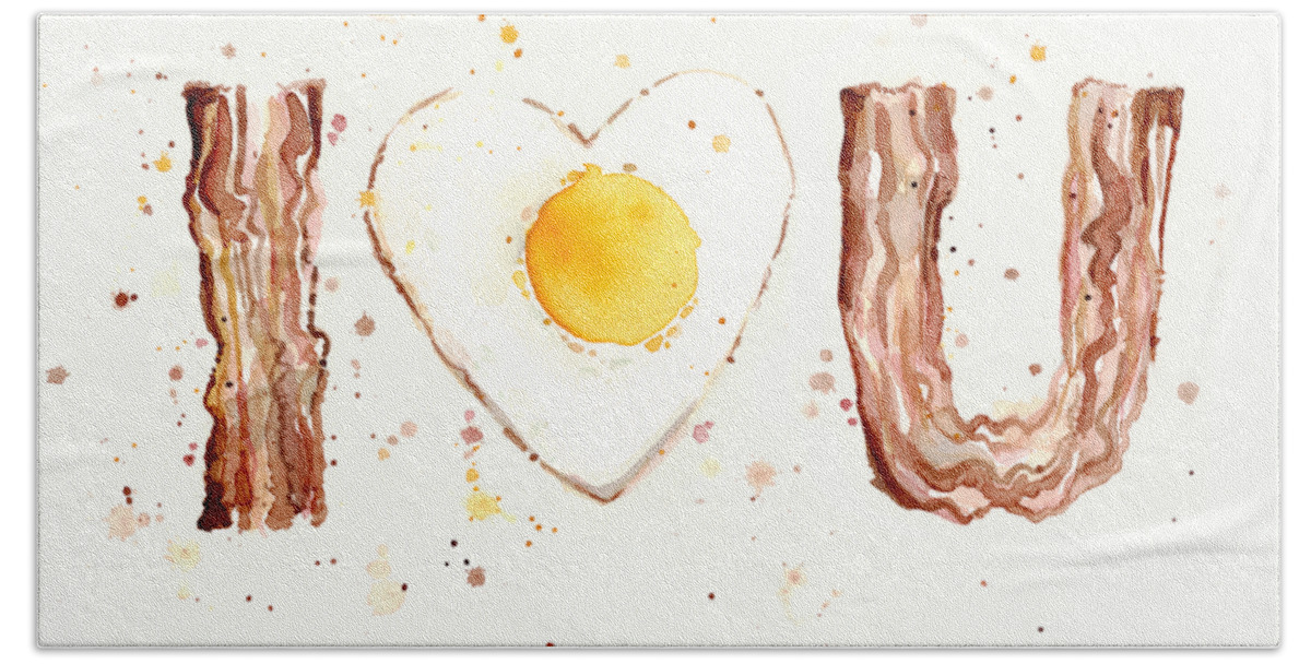 Bacon Bath Sheet featuring the painting Bacon and Egg I Love You by Olga Shvartsur