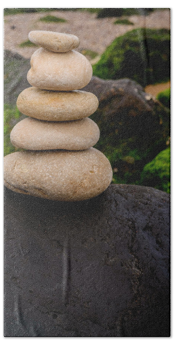 Zen Stones Bath Towel featuring the photograph Balancing Zen Stones By The Sea V by Marco Oliveira
