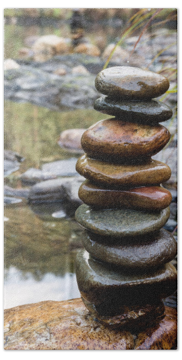 Serenity Bath Towel featuring the photograph Balancing Zen Stones In Countryside River VII by Marco Oliveira