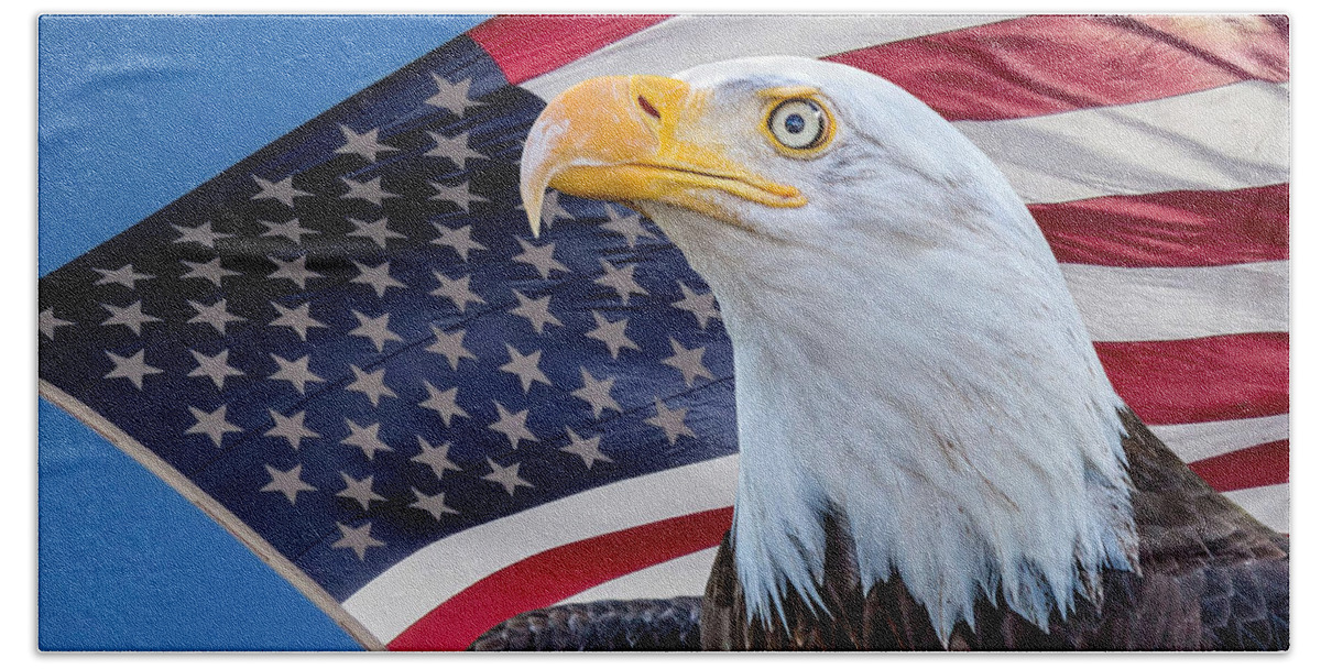 America Hand Towel featuring the photograph Bald Eagle and American Flag by Dawn Key