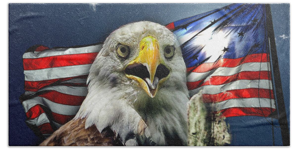 Bald Eagle Bath Towel featuring the photograph Bald Eagle and American Flag Patriotism by Bill Swartwout