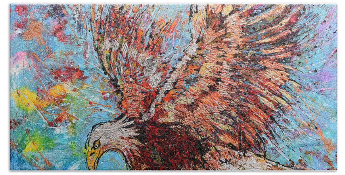 Bald Eagle Bath Towel featuring the painting Bald Eagle Hunting by Jyotika Shroff