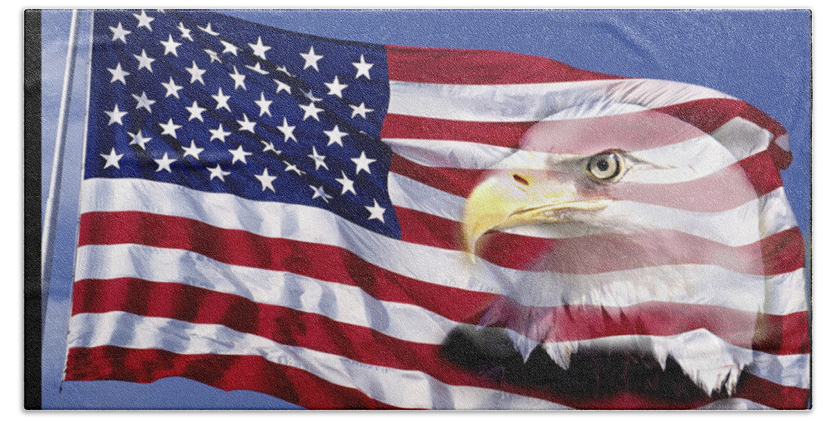 Photography Bath Towel featuring the photograph Bald Eagle On Flag by Panoramic Images