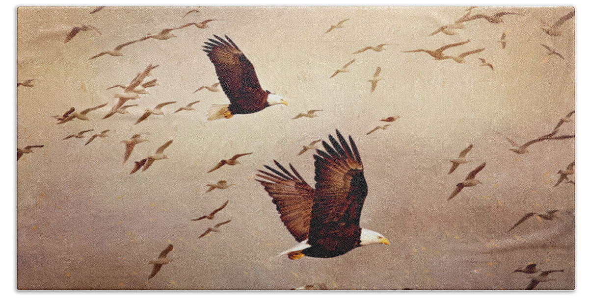 Bald Eagles Hand Towel featuring the photograph Bald Eagles and Seagulls by Peggy Collins