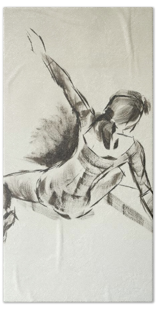 Ballet Hand Towel featuring the drawing Ballet Dancer Sitting On Floor With Weight On Her Right Arm by Mike Jory
