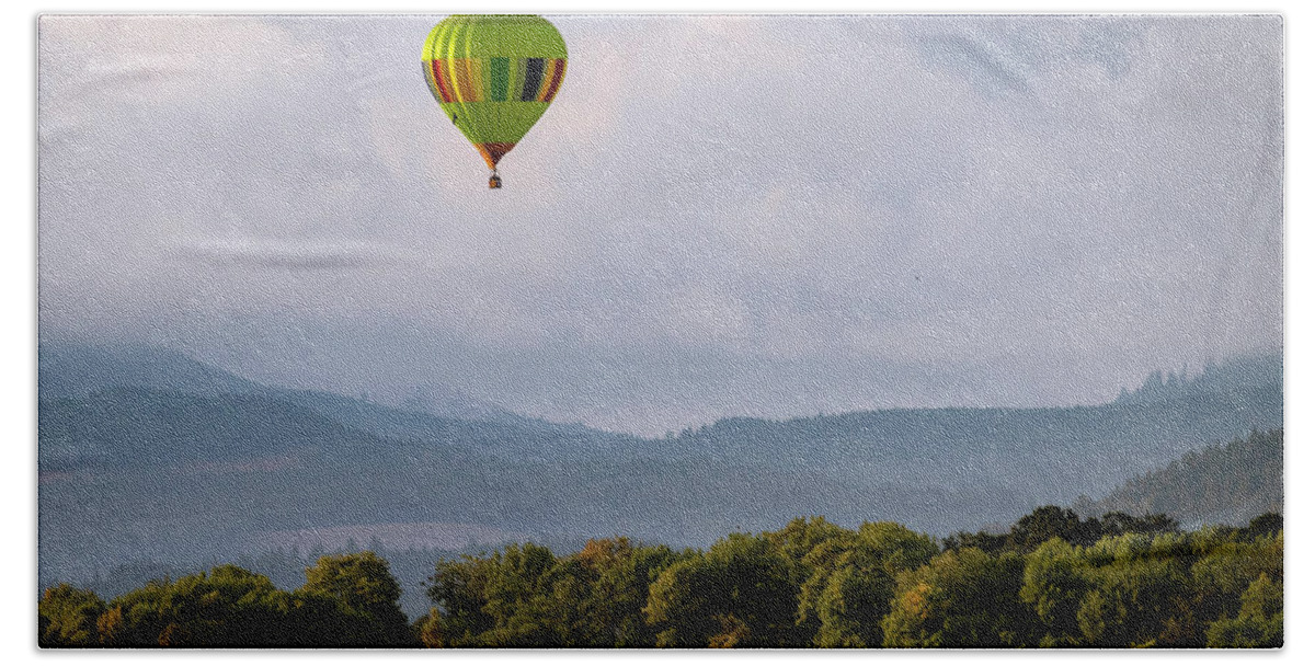 Hot Air Balloon Hand Towel featuring the photograph Balloon Over Farmland by Catherine Avilez
