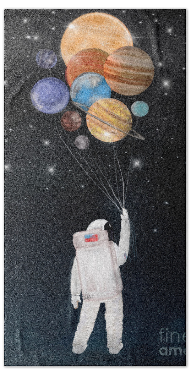 Space Hand Towel featuring the painting Balloon Universe by Bri Buckley