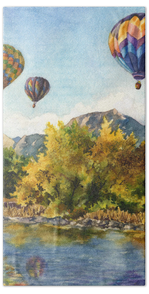 Hot Air Balloons Painting Hand Towel featuring the painting Balloons at Twin Lakes by Anne Gifford
