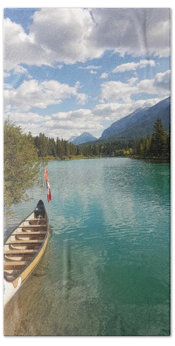 Bow River Hand Towel featuring the photograph Banff Canoe by Nadia Seme