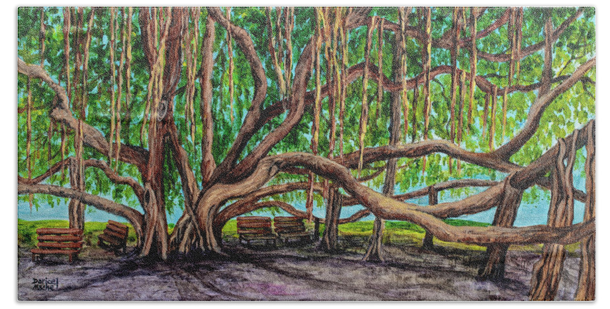 Banyan Tree Park Hand Towel featuring the painting Banyan Tree Park by Darice Machel McGuire