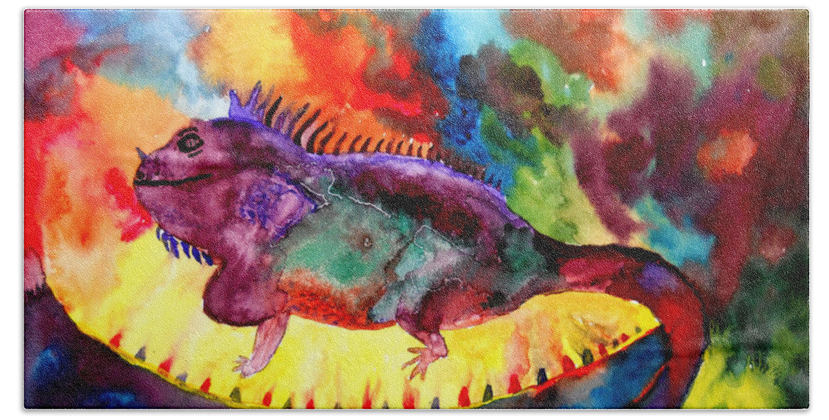 Iguana Bath Towel featuring the painting Barbecued Iguana - Music Inspiration Series by Carol Crisafi