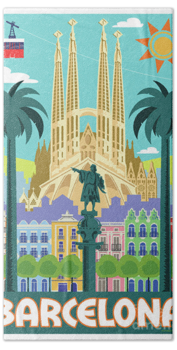 #faatoppicks Bath Sheet featuring the digital art Barcelona Poster - Retro Travel by Jim Zahniser