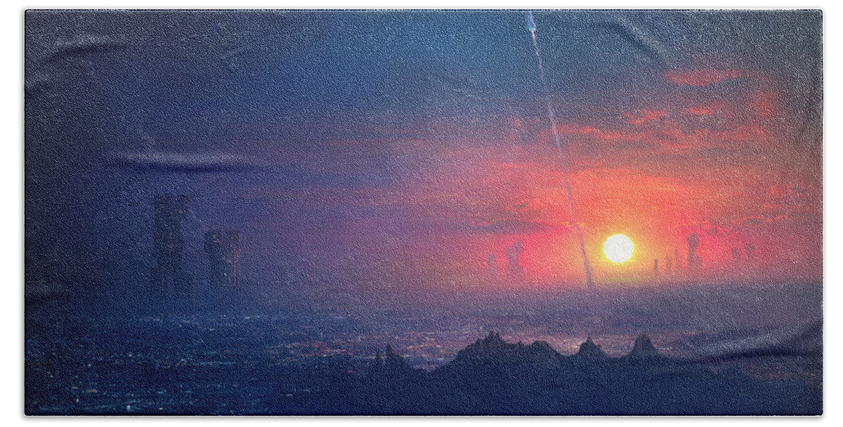 Scifi Hand Towel featuring the painting Barcelona Smoke and Neons Montserrat by Guillem H Pongiluppi