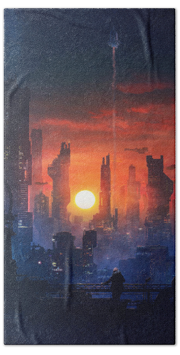 Scifi Hand Towel featuring the painting Barcelona Smoke and Neons The End by Guillem H Pongiluppi