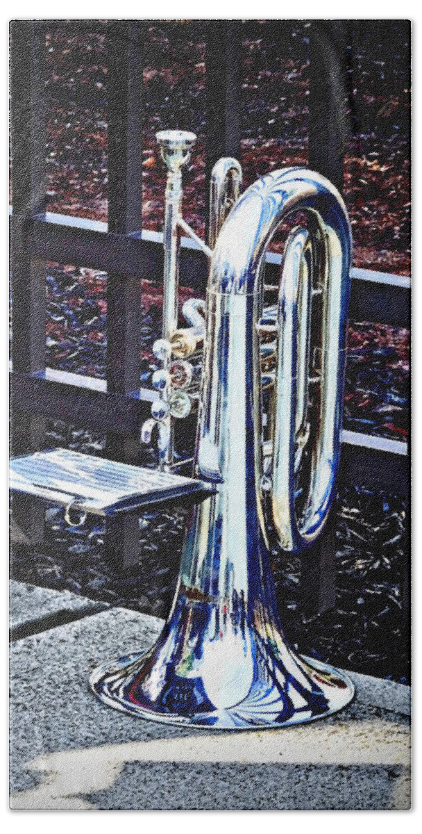 Brass Bath Towel featuring the photograph Baritone Horn Before Parade by Susan Savad