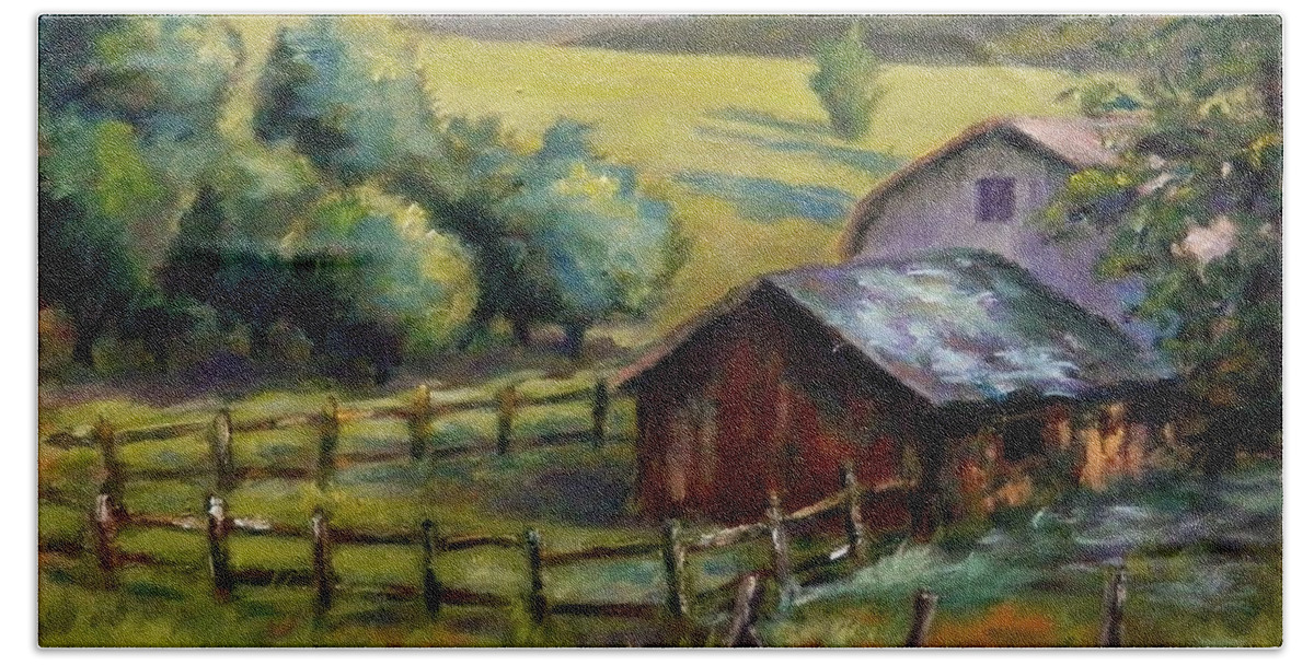 Farm Bath Towel featuring the painting Barn and Field by William Reed