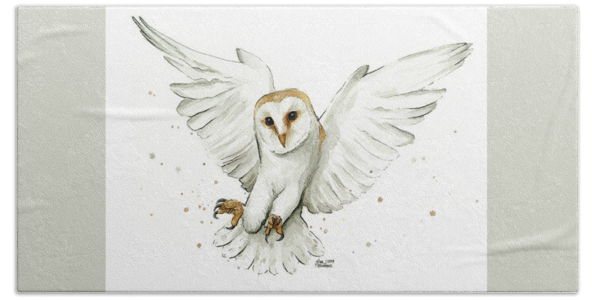 Owl Bath Sheet featuring the painting Barn Owl Flying Watercolor by Olga Shvartsur