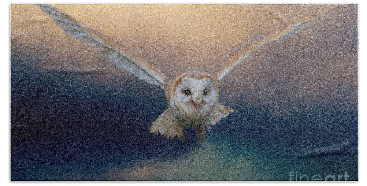 Barn Owl Hand Towel featuring the photograph Barn Owl in Flight by Eva Lechner