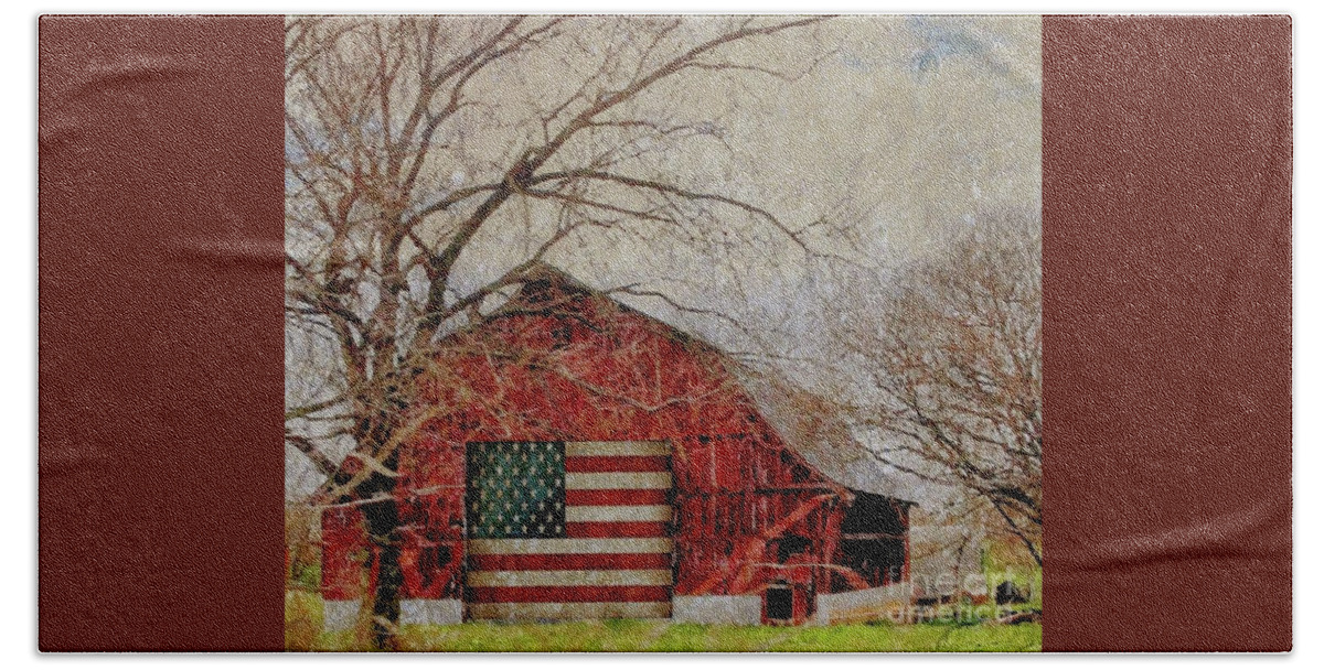 Barn Bath Towel featuring the photograph Barn with Flag in Winter by Janette Boyd