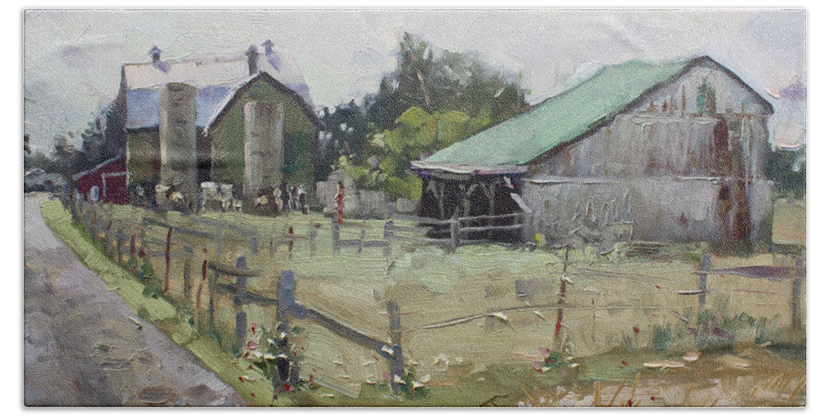 Barns Hand Towel featuring the painting Barns and Old Shack in Norval by Ylli Haruni