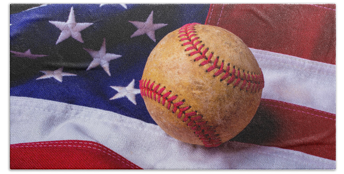 Baseballs Bath Towel featuring the photograph Baseball And American Flag by Garry Gay