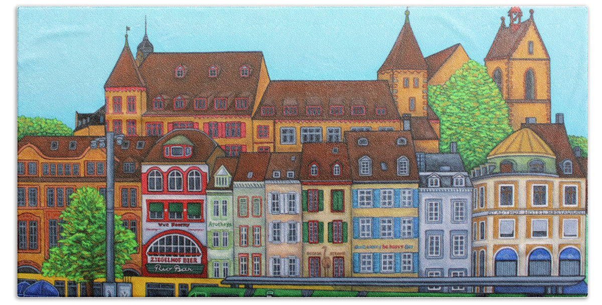 Basel Bath Towel featuring the painting Basel, Barfusserplatz Rendez-vous by Lisa Lorenz
