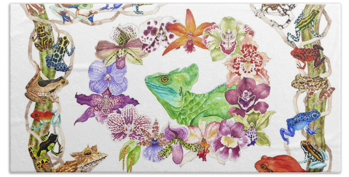 Frogs Bath Towel featuring the painting Basilisk, Orchids, Frogs by Lucy Arnold