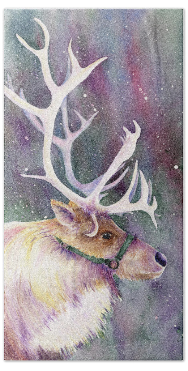 Reindeer Bath Towel featuring the painting Basking in the Lights by Lori Taylor