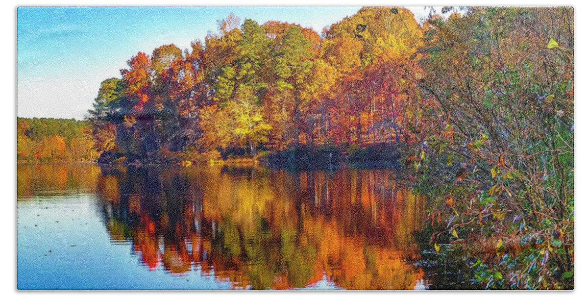  Bass Lake Hand Towel featuring the photograph Bass Lake, NC, Fall Colors by Jim Moore