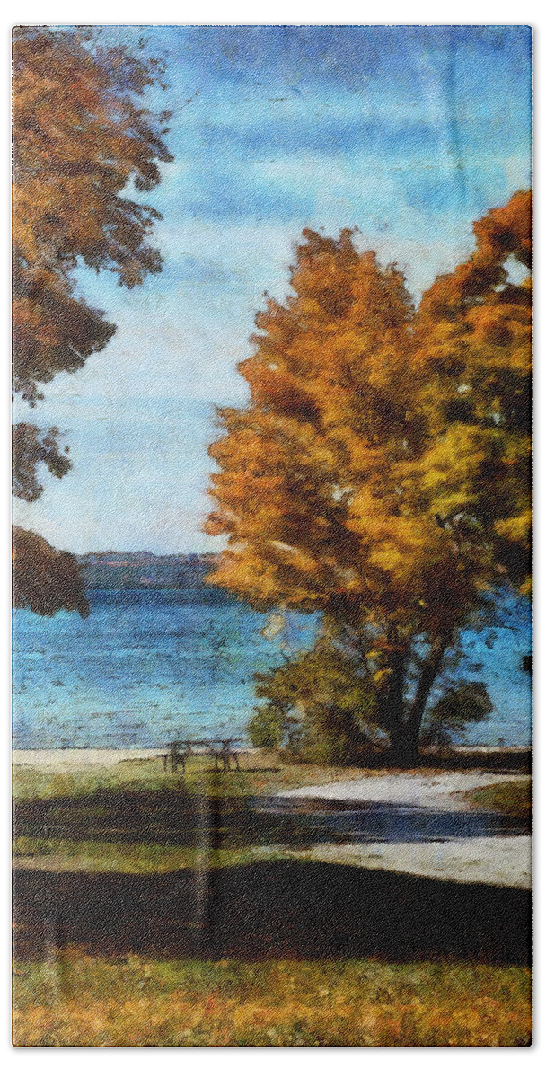 Autumn Bath Towel featuring the digital art Bass Lake October by JGracey Stinson