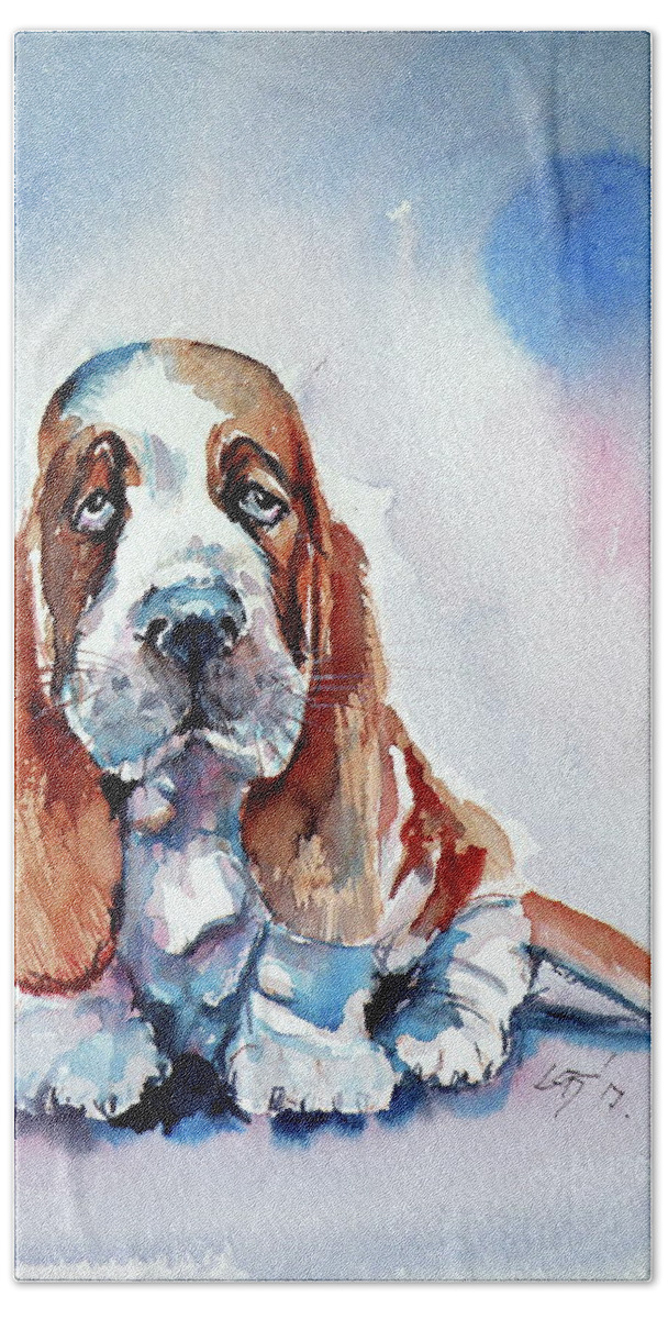 Basset Hound Hand Towel featuring the painting Basset hound puppy by Kovacs Anna Brigitta