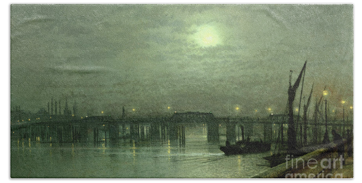 Nocturne; Night; Moon; Moonlit; River Thames; Chelsea; Boat; Steamboat Bath Towel featuring the painting Battersea Bridge by Moonlight by John Atkinson Grimshaw