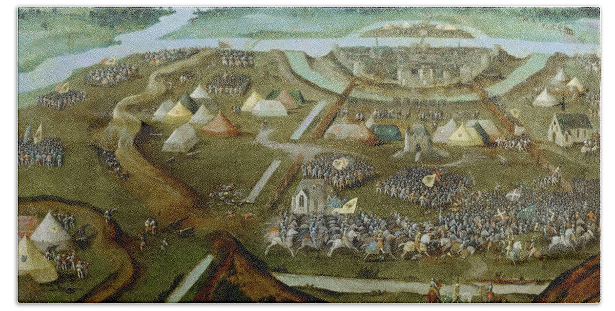 Joachim Patinir Bath Towel featuring the painting Battle of Pavia by Joachim Patinir