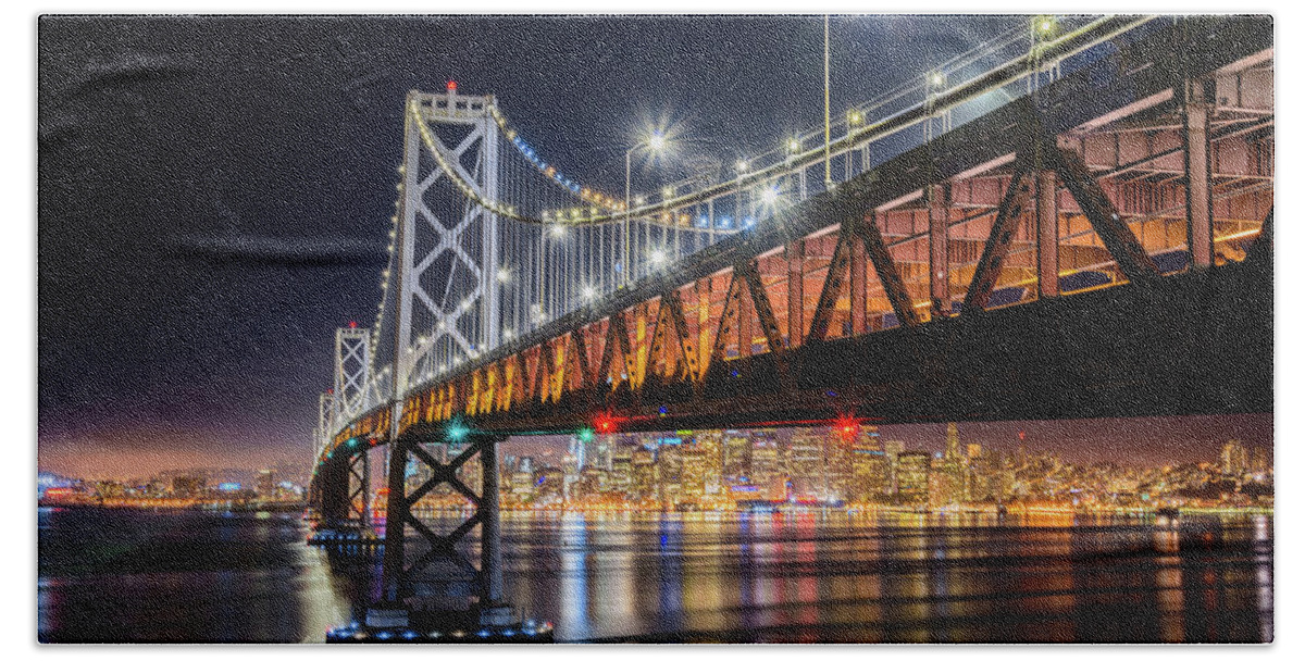 Bay Area Bath Sheet featuring the photograph Bay Bridge and San Francisco By Night 17 by Jason Chu