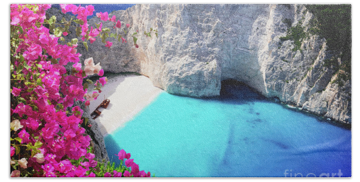 Navagio Bath Towel featuring the photograph Flying over of Zakinthos island by Anastasy Yarmolovich